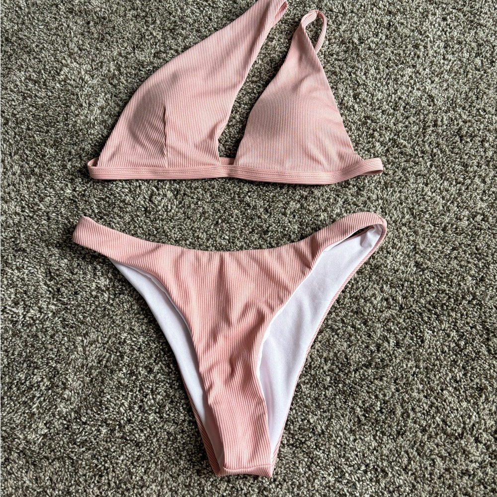 Amazon Pink and White Bikini Set with Adjustable Straps